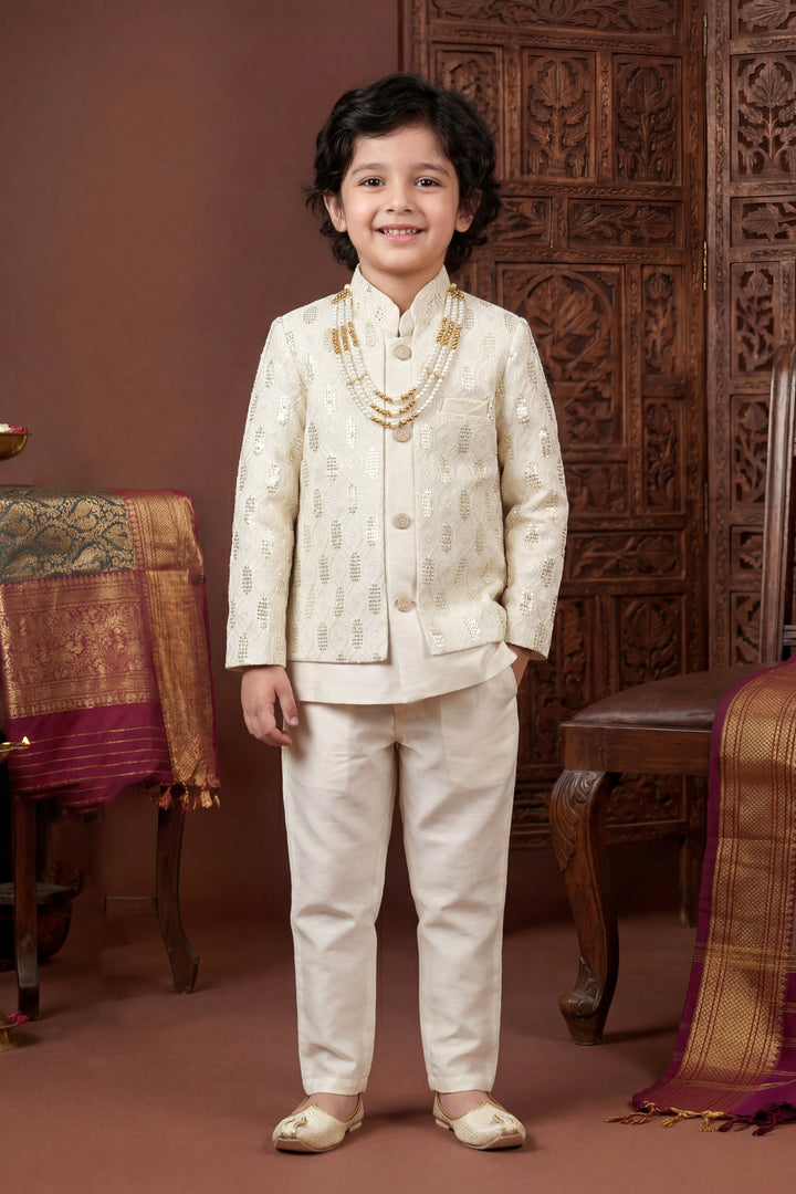 Boys Cotton Silk Geometric Embroidered Sherwani & Trouser Set with Jacket & Necklace - Off White