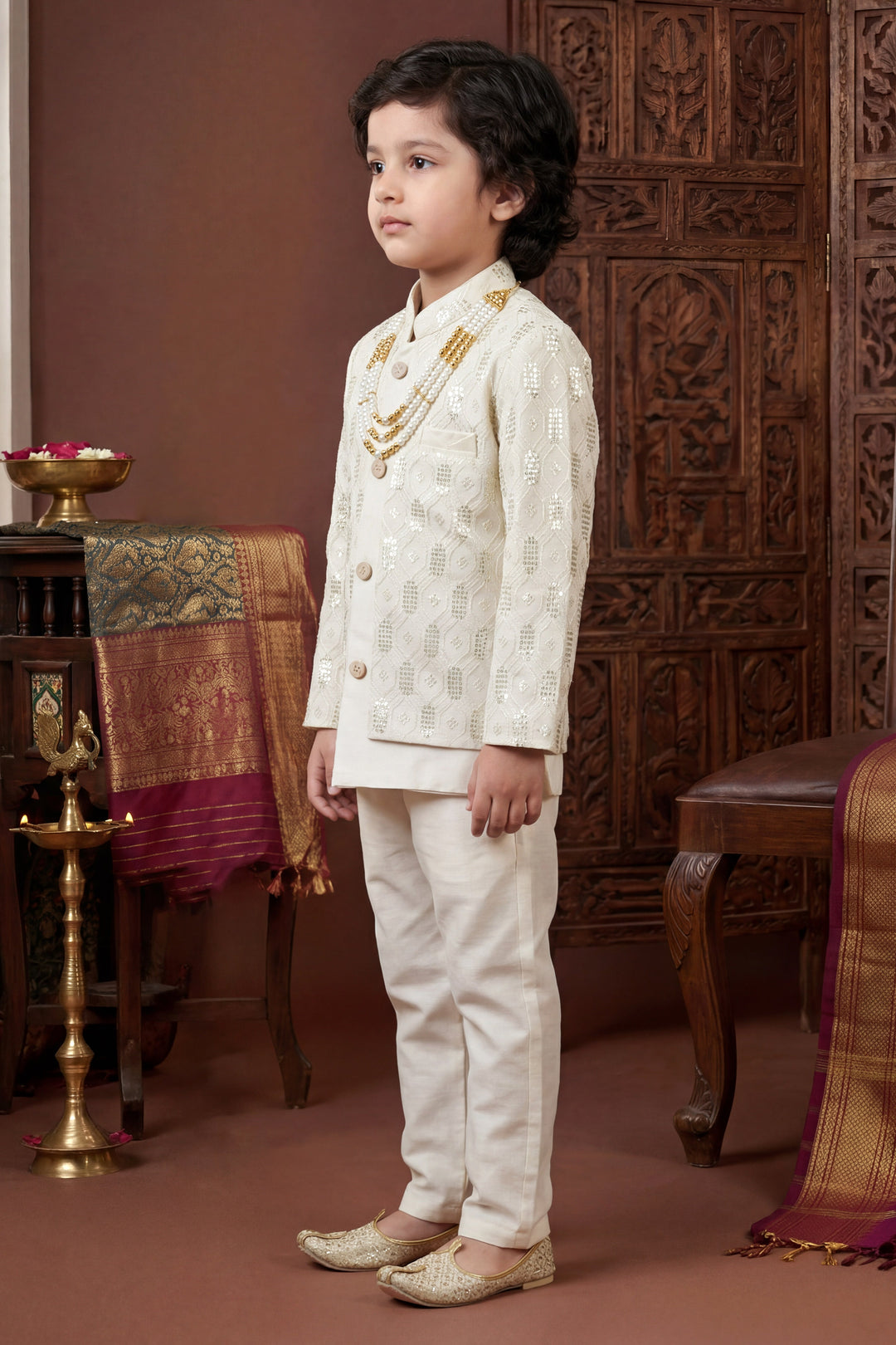 Boys Cotton Silk Geometric Embroidered Sherwani & Trouser Set with Jacket & Necklace - Off White
