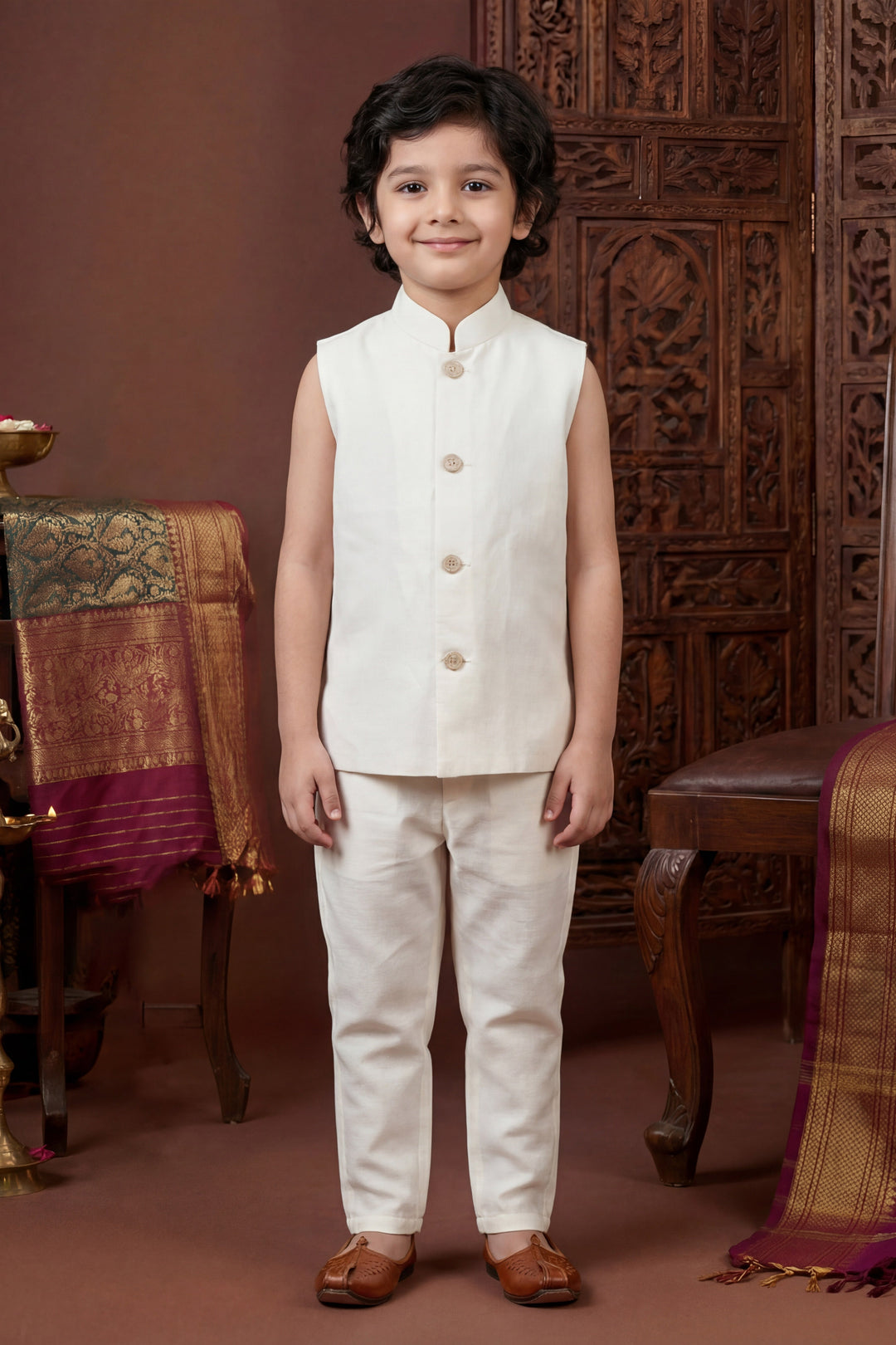 Boys Cotton Silk Geometric Embroidered Sherwani & Trouser Set with Jacket & Necklace - Off White