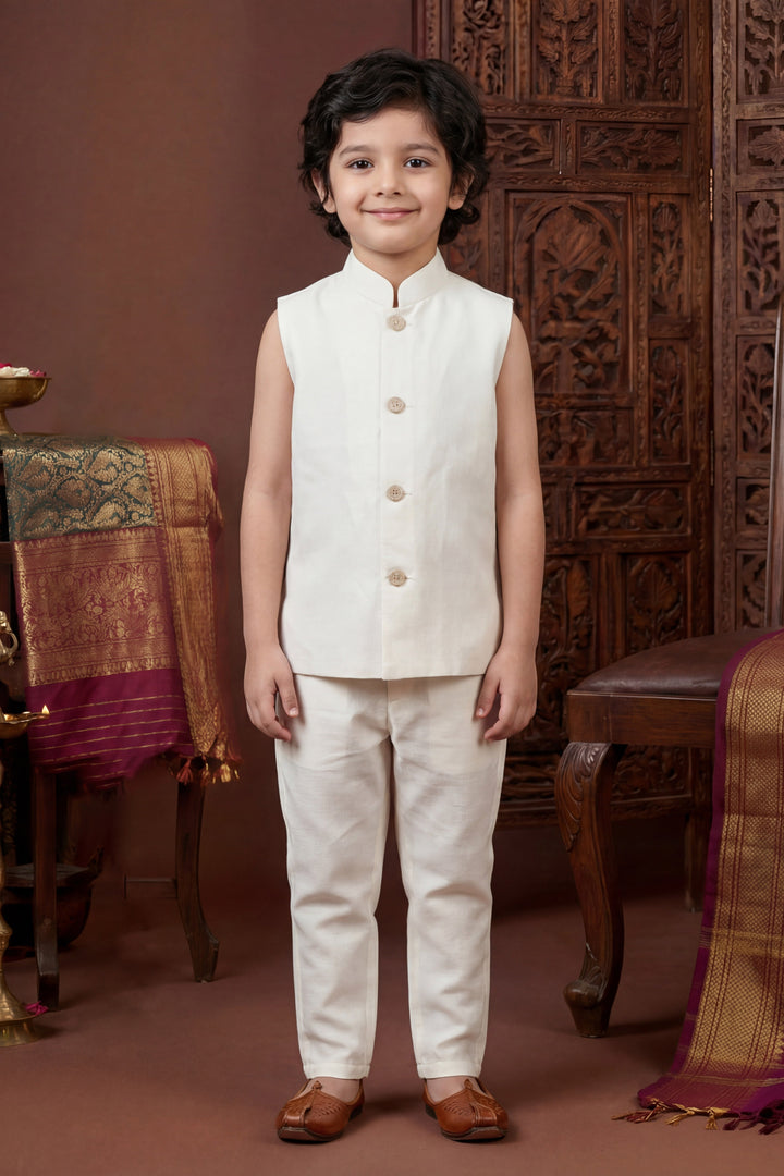 Boys Cotton Silk Geometric Embroidered Sherwani & Trouser Set with Jacket & Necklace - Off White