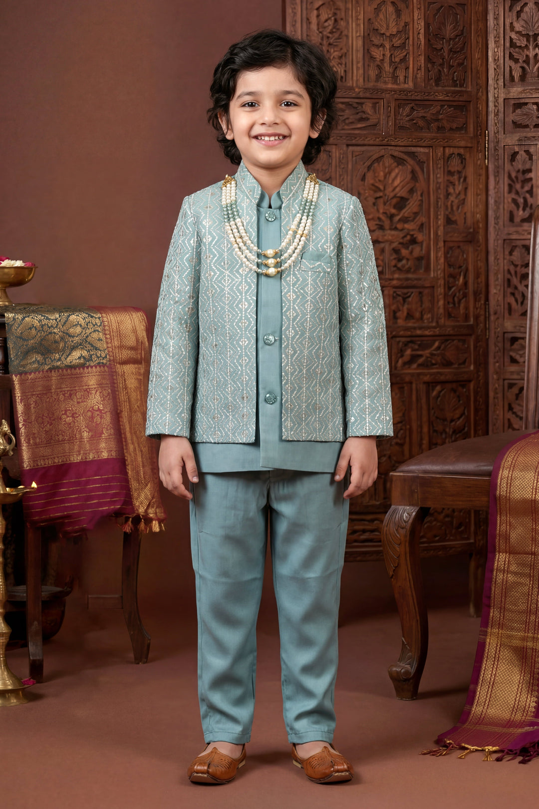 Boys Satin Chevron Zigzag Sequined Embroidered Sherwani & Trouser Set with Jacket - Dusty Teal| SHOBITAM
