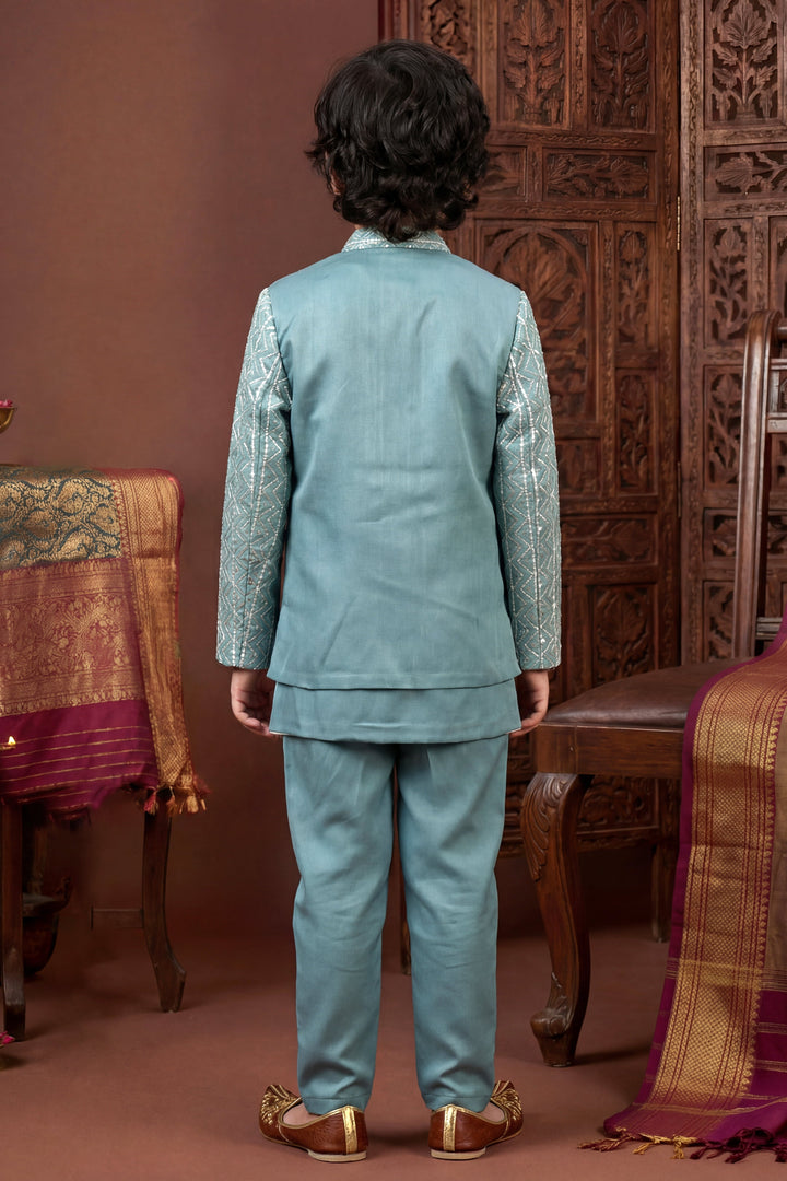 Boys Satin Chevron Zigzag Sequined Embroidered Sherwani & Trouser Set with Jacket - Dusty Teal| SHOBITAM