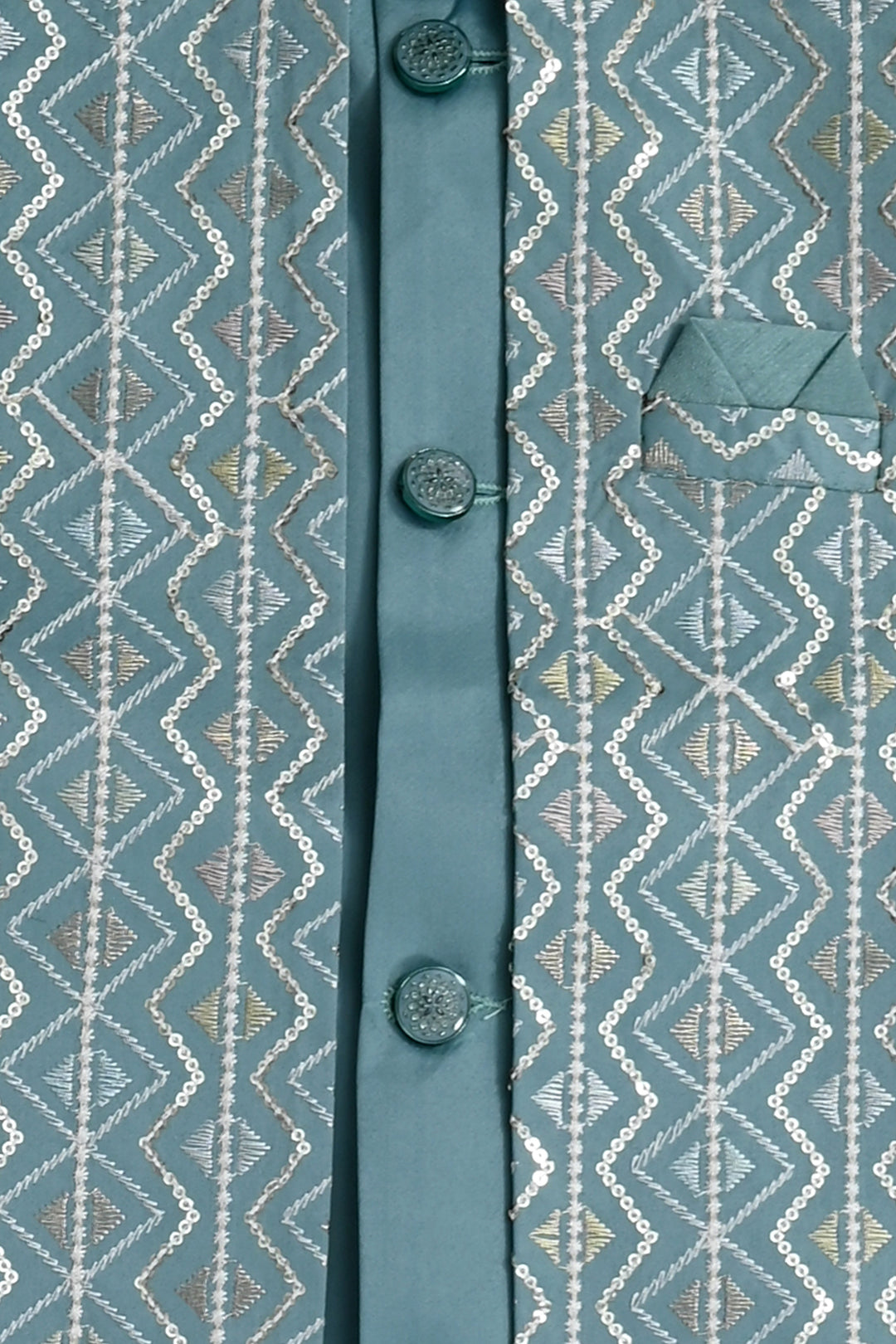 Boys Satin Chevron Zigzag Sequined Embroidered Sherwani & Trouser Set with Jacket - Dusty Teal| SHOBITAM