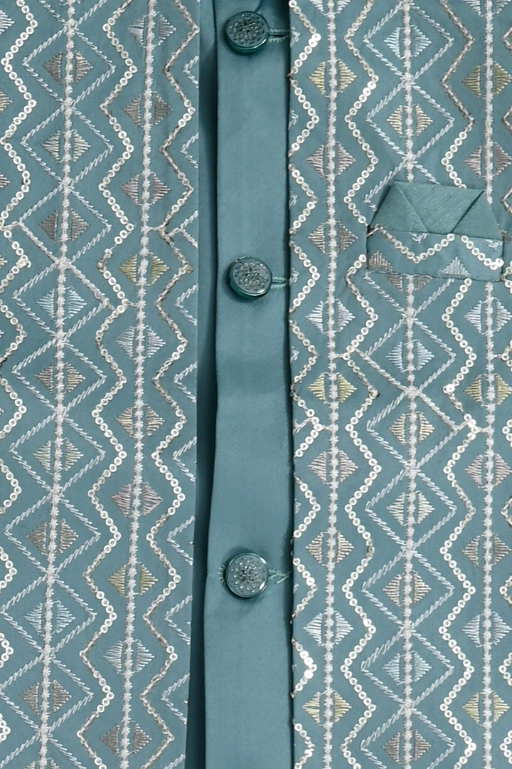 Boys Satin Chevron Zigzag Sequined Embroidered Sherwani & Trouser Set with Jacket - Dusty Teal| SHOBITAM