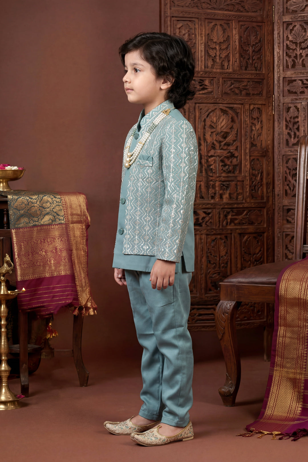 Boys Satin Chevron Zigzag Sequined Embroidered Sherwani & Trouser Set with Jacket - Dusty Teal| SHOBITAM