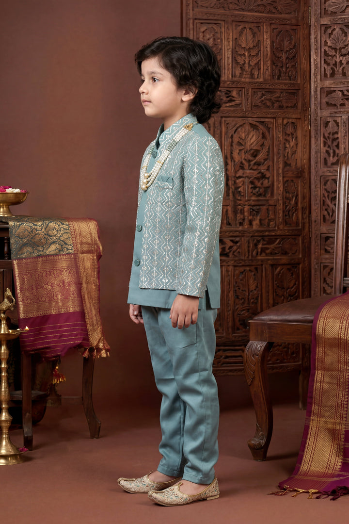 Boys Satin Chevron Zigzag Sequined Embroidered Sherwani & Trouser Set with Jacket - Dusty Teal| SHOBITAM