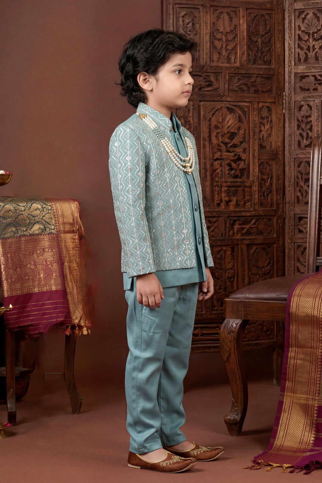 Boys Satin Chevron Zigzag Sequined Embroidered Sherwani & Trouser Set with Jacket - Dusty Teal| SHOBITAM