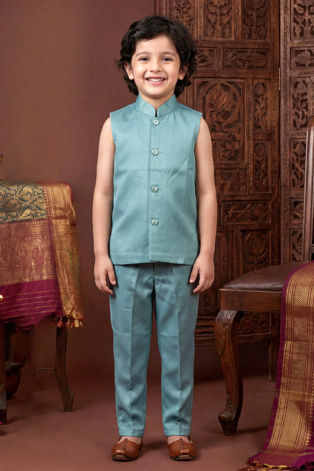 Boys Satin Chevron Zigzag Sequined Embroidered Sherwani & Trouser Set with Jacket - Dusty Teal| SHOBITAM