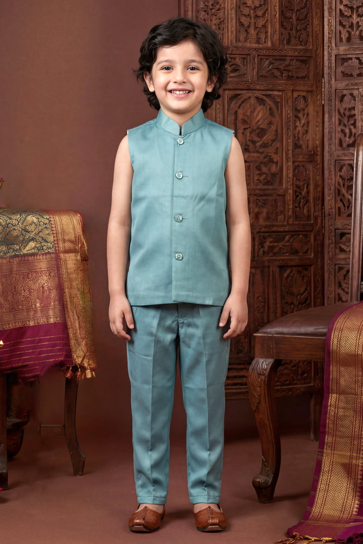 Boys Satin Chevron Zigzag Sequined Embroidered Sherwani & Trouser Set with Jacket - Dusty Teal| SHOBITAM