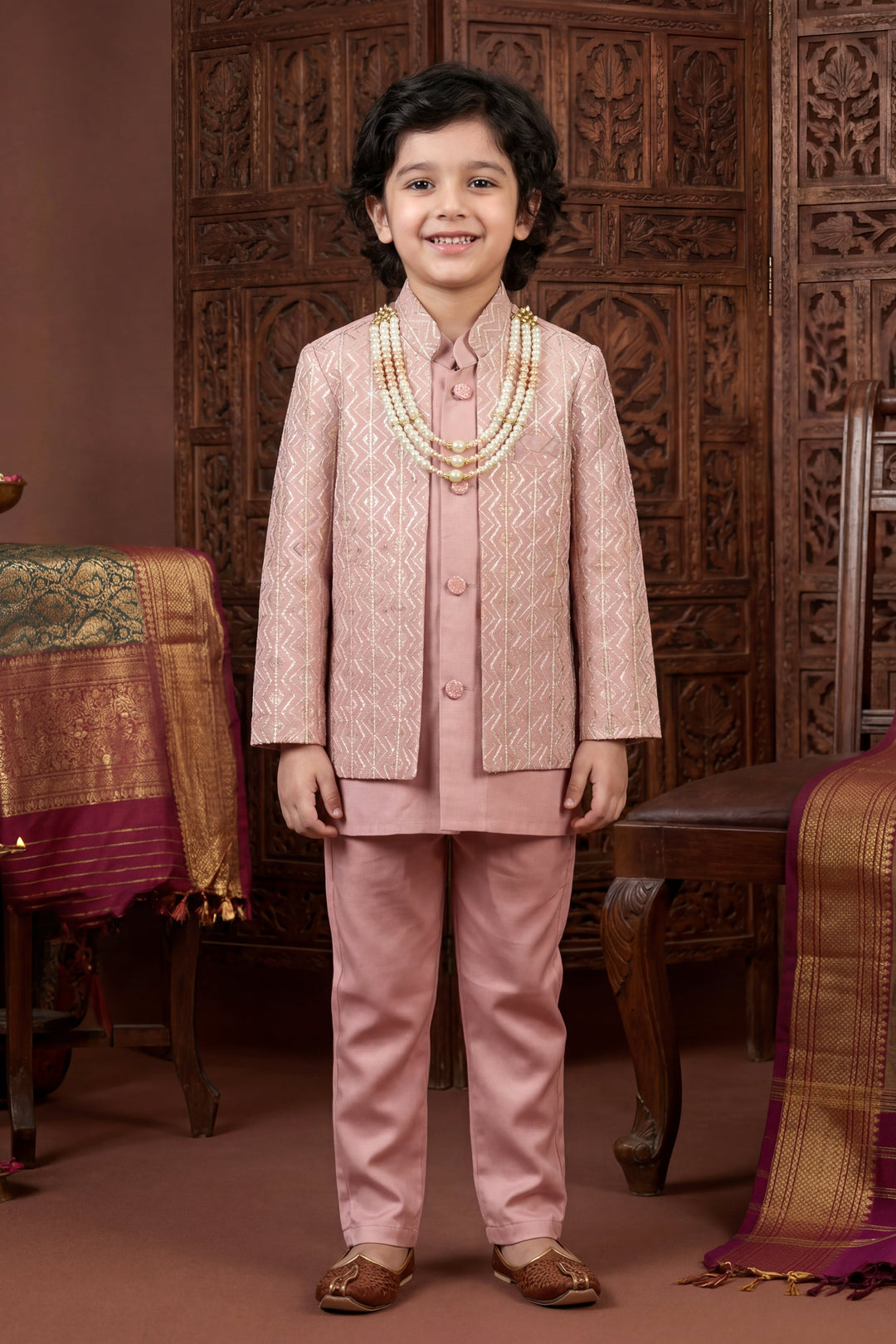 Boys Satin Chevron Zigzag Sequined Embroidered Sherwani & Trouser Set with Jacket - Rose Pink| SHOBITAM