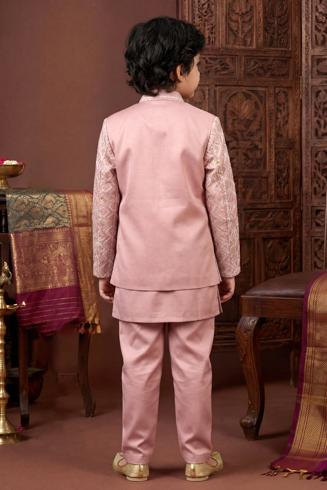 Boys Satin Chevron Zigzag Sequined Embroidered Sherwani & Trouser Set with Jacket - Rose Pink| SHOBITAM