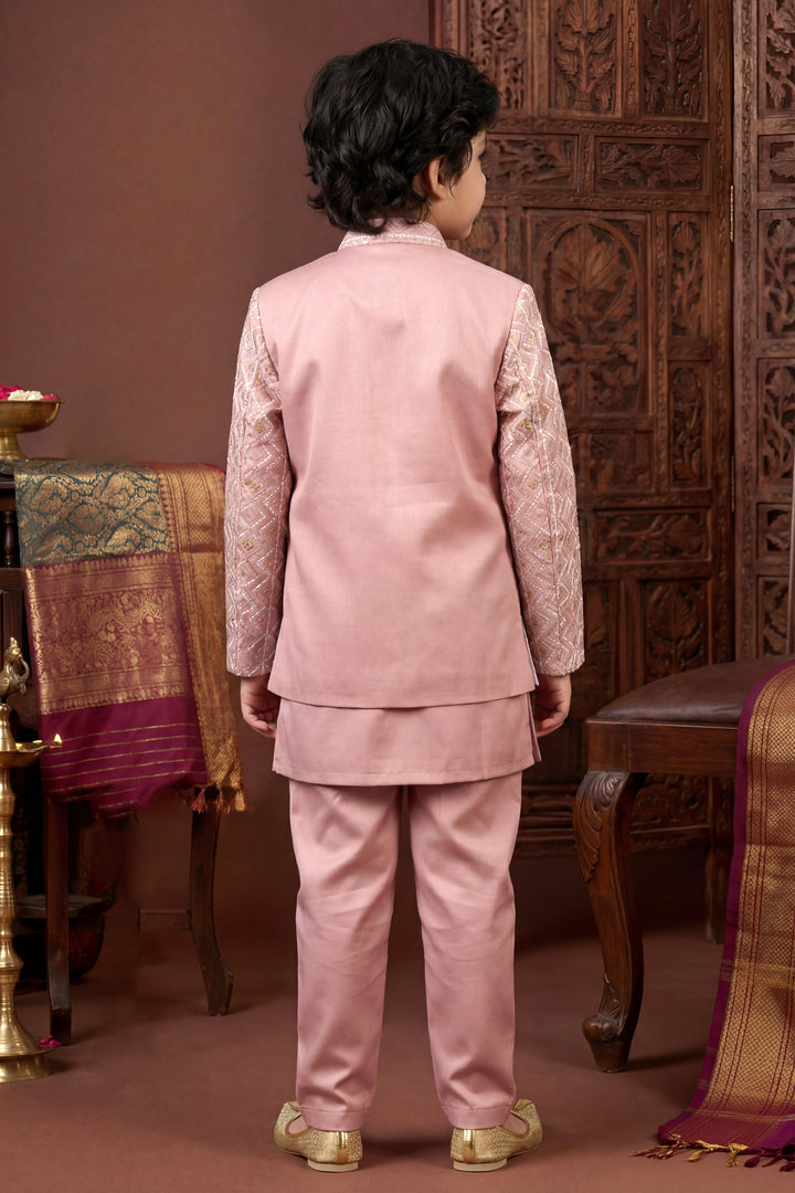 Boys Satin Chevron Zigzag Sequined Embroidered Sherwani & Trouser Set with Jacket - Rose Pink| SHOBITAM