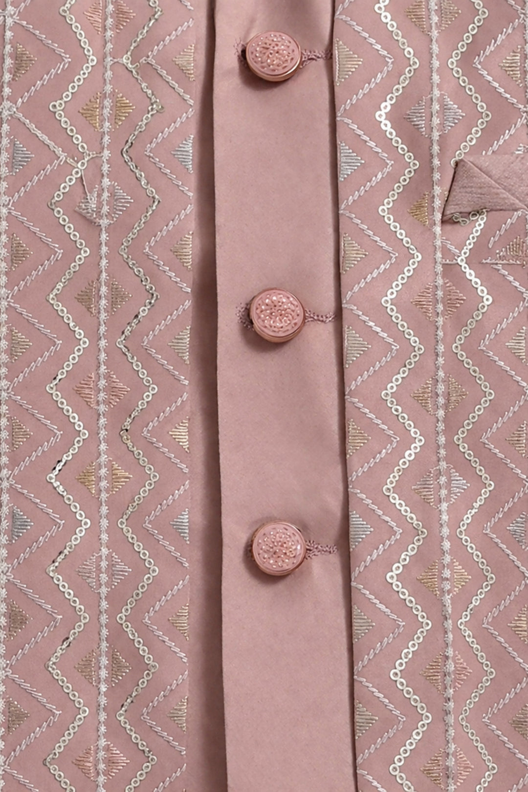 Boys Satin Chevron Zigzag Sequined Embroidered Sherwani & Trouser Set with Jacket - Rose Pink| SHOBITAM