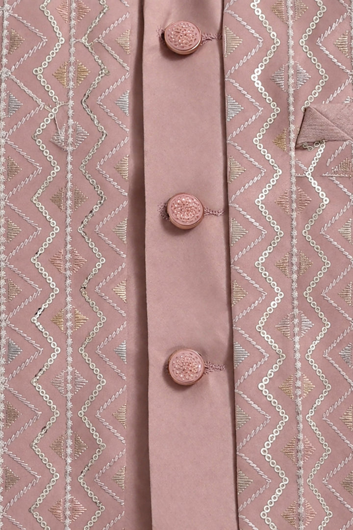 Boys Satin Chevron Zigzag Sequined Embroidered Sherwani & Trouser Set with Jacket - Rose Pink| SHOBITAM