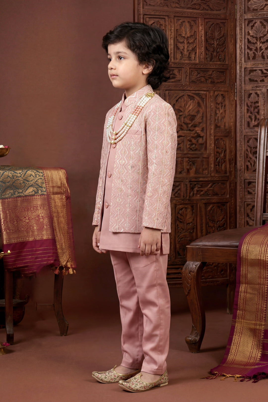 Boys Satin Chevron Zigzag Sequined Embroidered Sherwani & Trouser Set with Jacket - Rose Pink| SHOBITAM