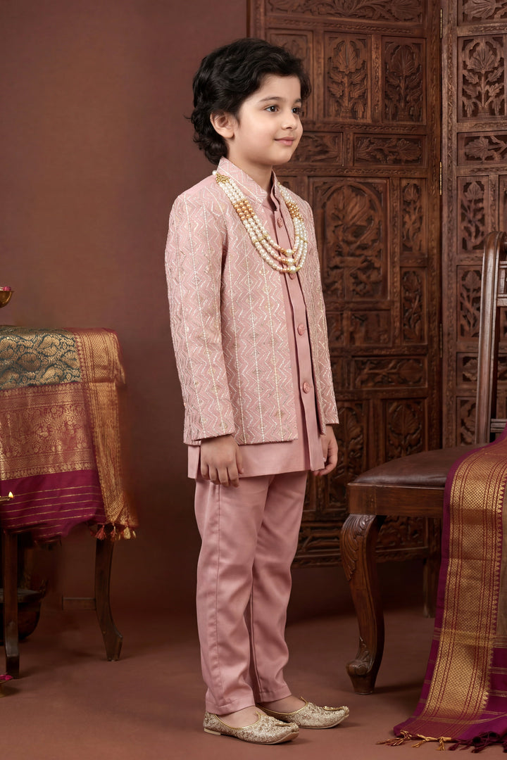 Boys Satin Chevron Zigzag Sequined Embroidered Sherwani & Trouser Set with Jacket - Rose Pink| SHOBITAM
