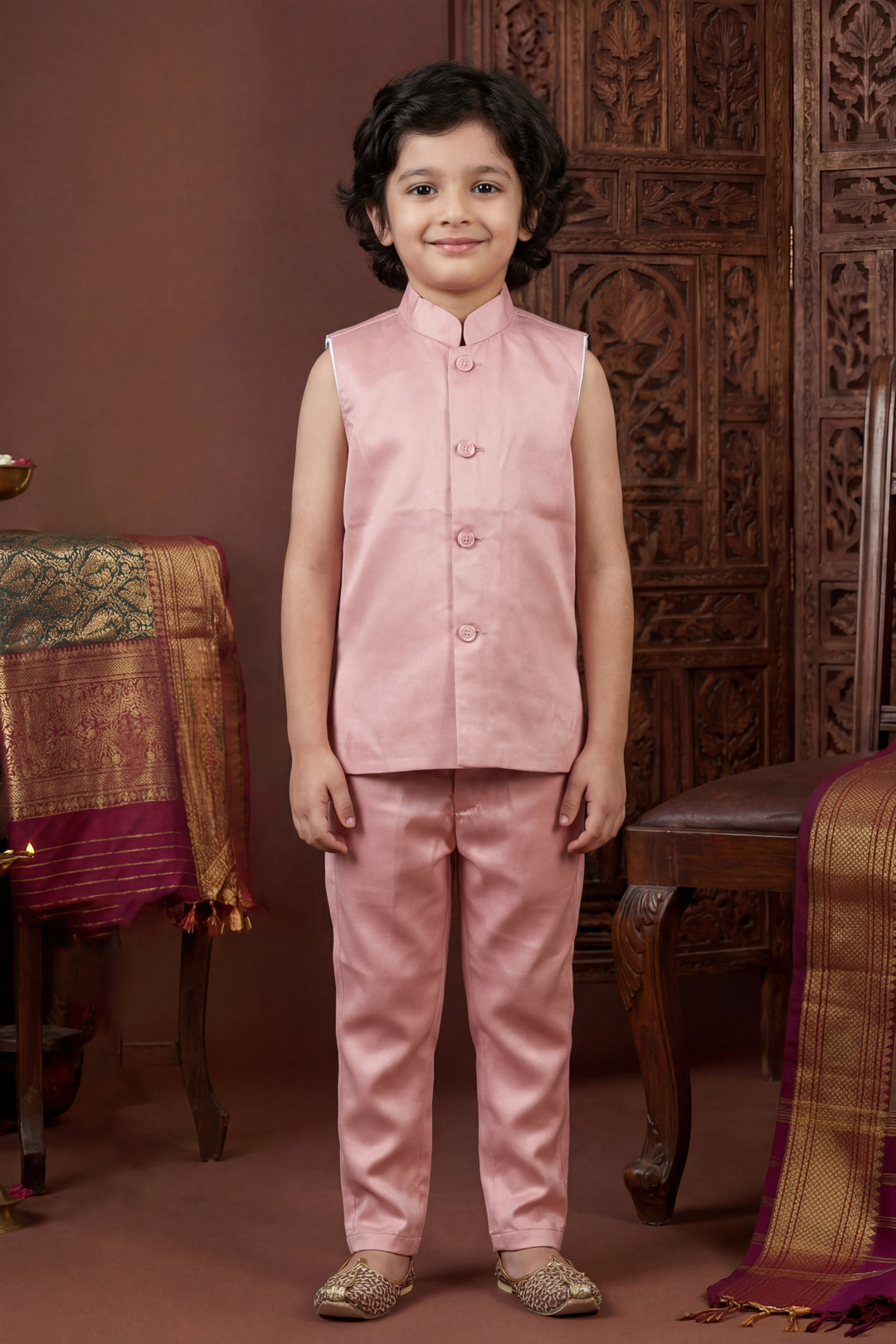 Boys Satin Chevron Zigzag Sequined Embroidered Sherwani & Trouser Set with Jacket - Rose Pink| SHOBITAM