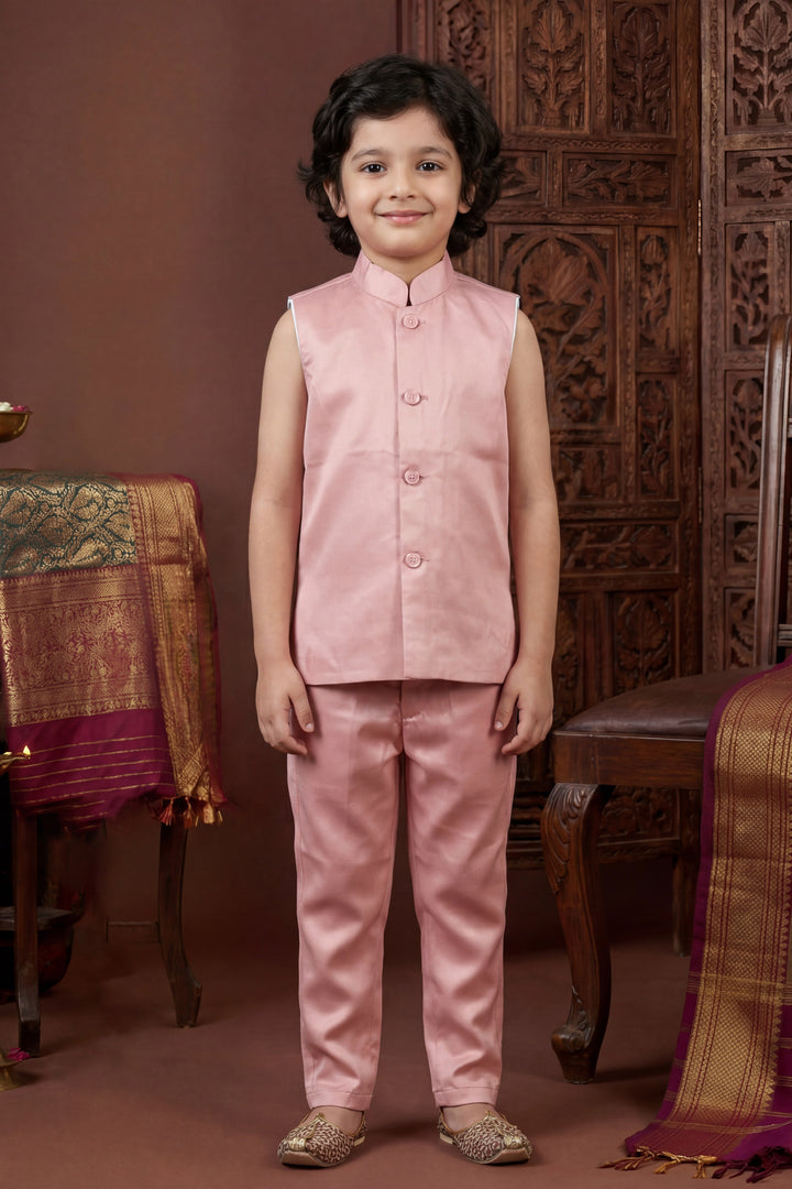 Boys Satin Chevron Zigzag Sequined Embroidered Sherwani & Trouser Set with Jacket - Rose Pink| SHOBITAM