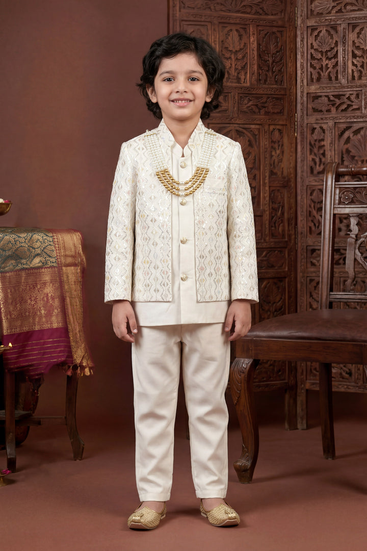 Boys Satin Chevron Zigzag Sequined Embroidered Sherwani & Trouser Set with Jacket - Off White | SHOBITAM