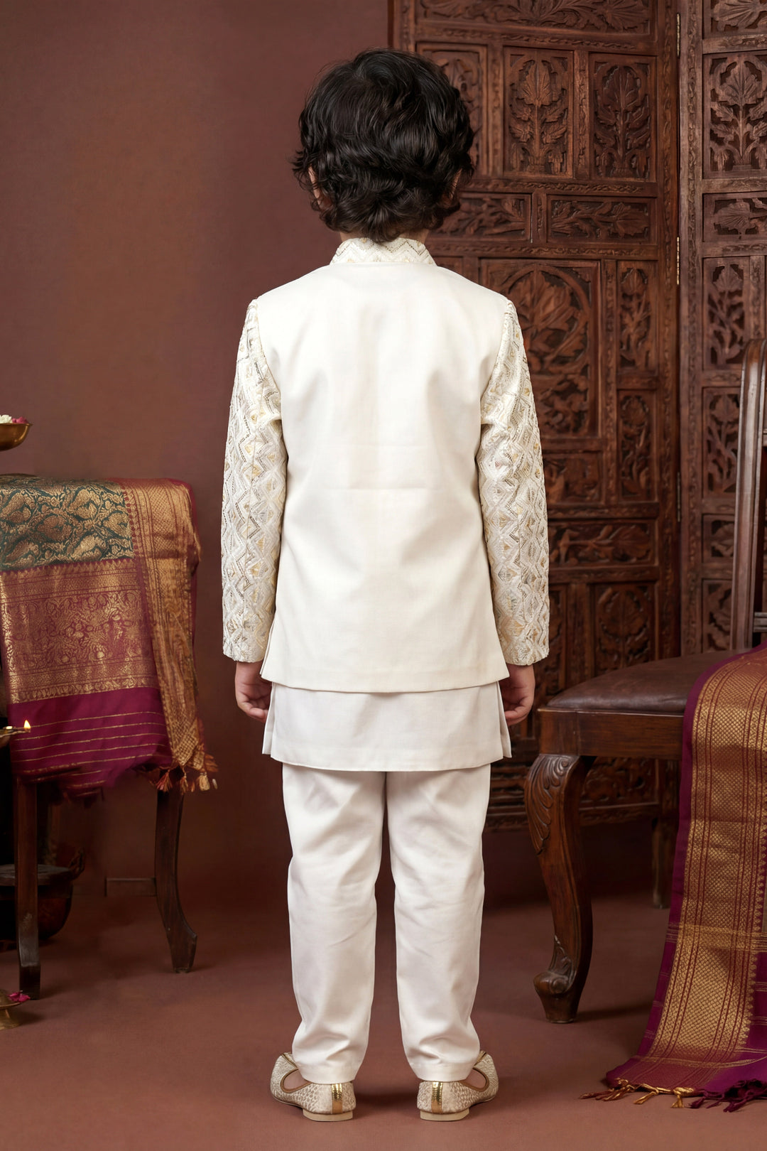 Boys Satin Chevron Zigzag Sequined Embroidered Sherwani & Trouser Set with Jacket - Off White | SHOBITAM
