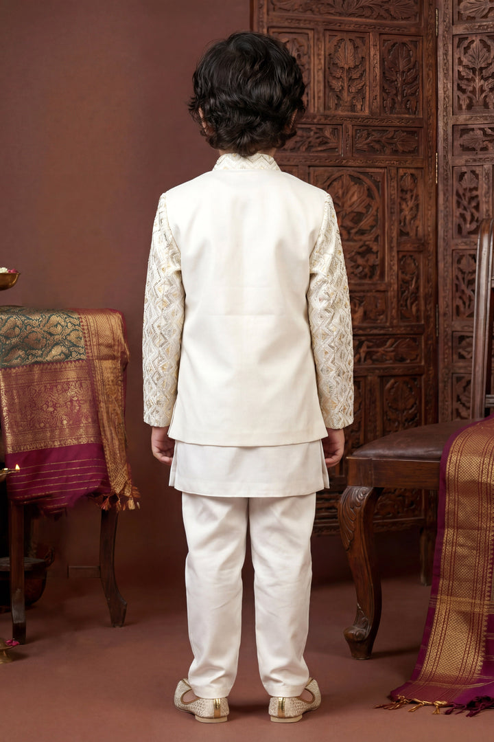 Boys Satin Chevron Zigzag Sequined Embroidered Sherwani & Trouser Set with Jacket - Off White | SHOBITAM