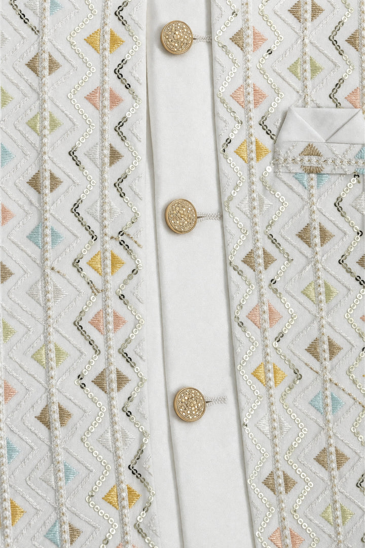 Boys Satin Chevron Zigzag Sequined Embroidered Sherwani & Trouser Set with Jacket - Off White | SHOBITAM