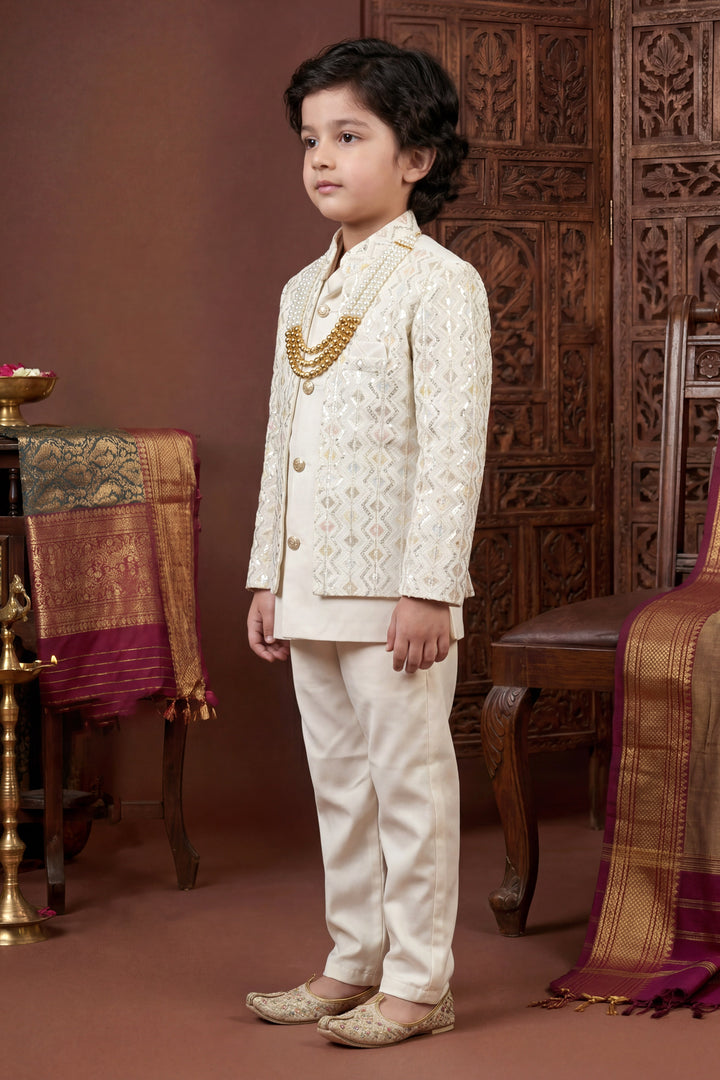 Boys Satin Chevron Zigzag Sequined Embroidered Sherwani & Trouser Set with Jacket - Off White | SHOBITAM