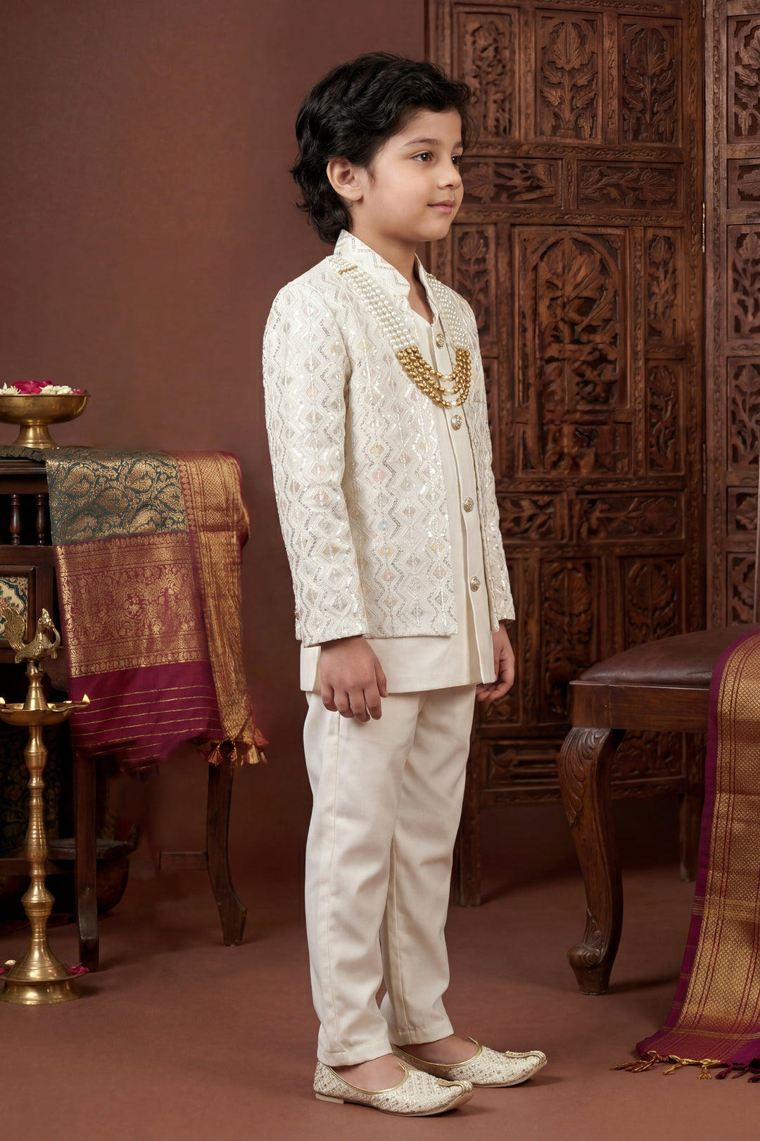 Boys Satin Chevron Zigzag Sequined Embroidered Sherwani & Trouser Set with Jacket - Off White | SHOBITAM