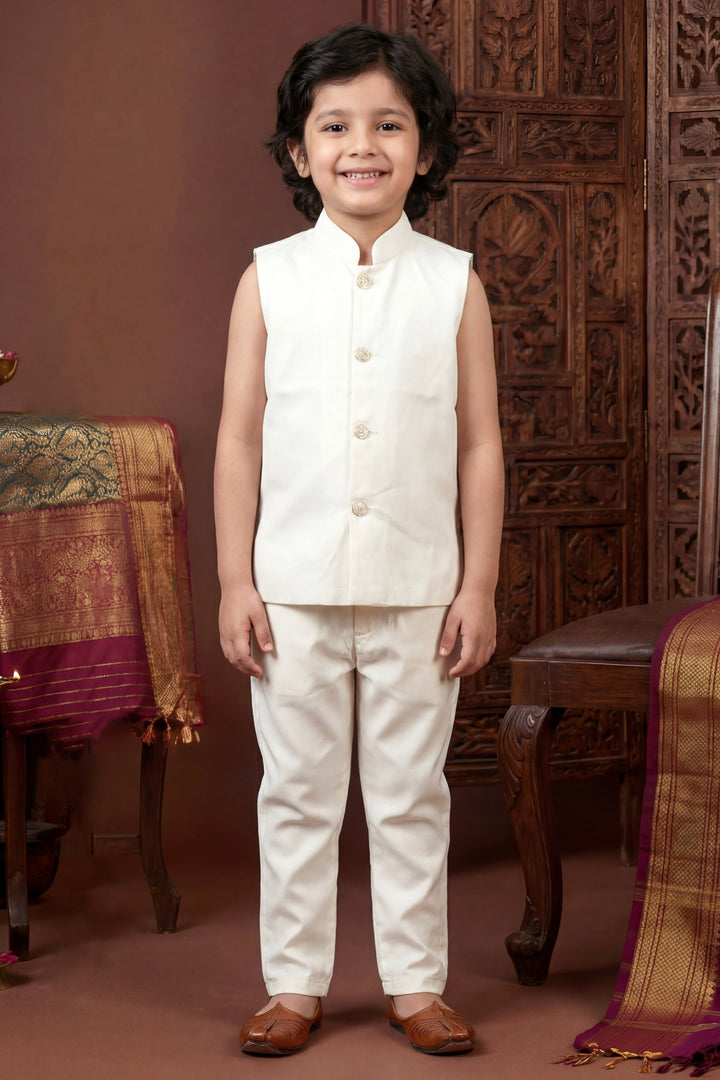 Boys Satin Chevron Zigzag Sequined Embroidered Sherwani & Trouser Set with Jacket - Off White | SHOBITAM