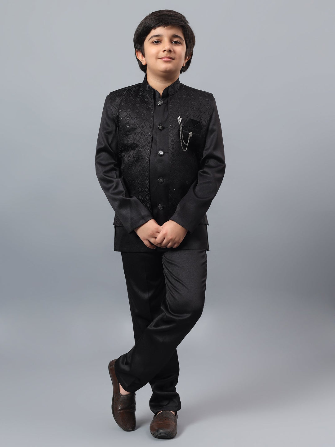 Boys Indo-Western Sherwani & Trouser Set with Sequined Waistcoat - Black | SHOBITAM