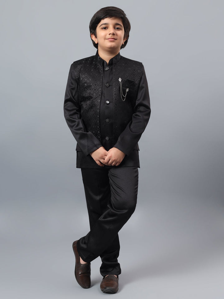 Boys Indo-Western Sherwani & Trouser Set with Sequined Waistcoat - Black | SHOBITAM