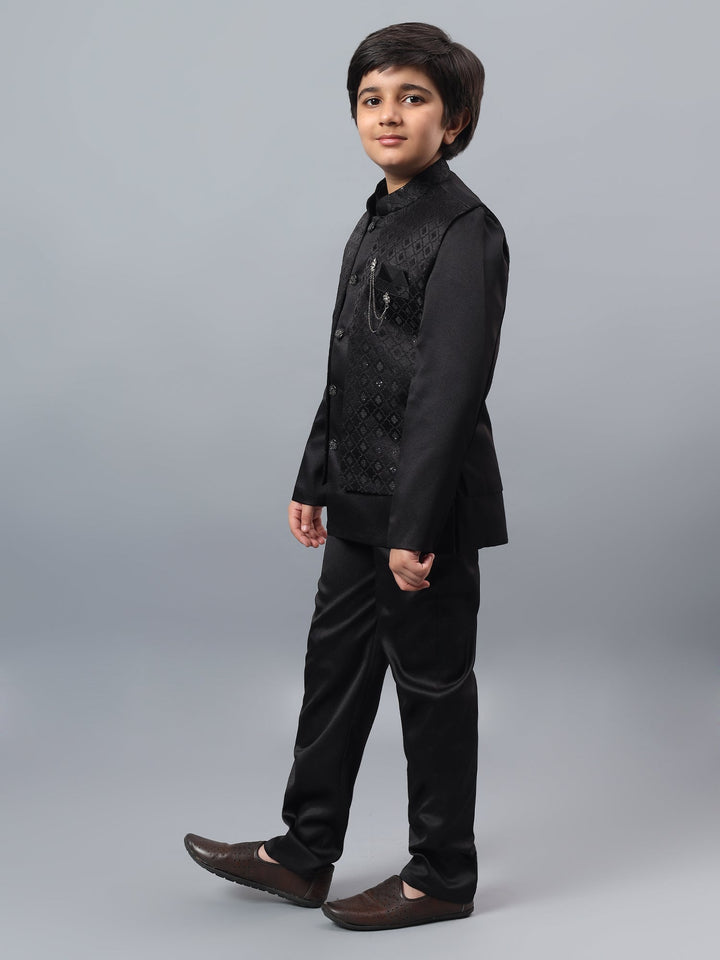 Boys Indo-Western Sherwani & Trouser Set with Sequined Waistcoat - Black | SHOBITAM