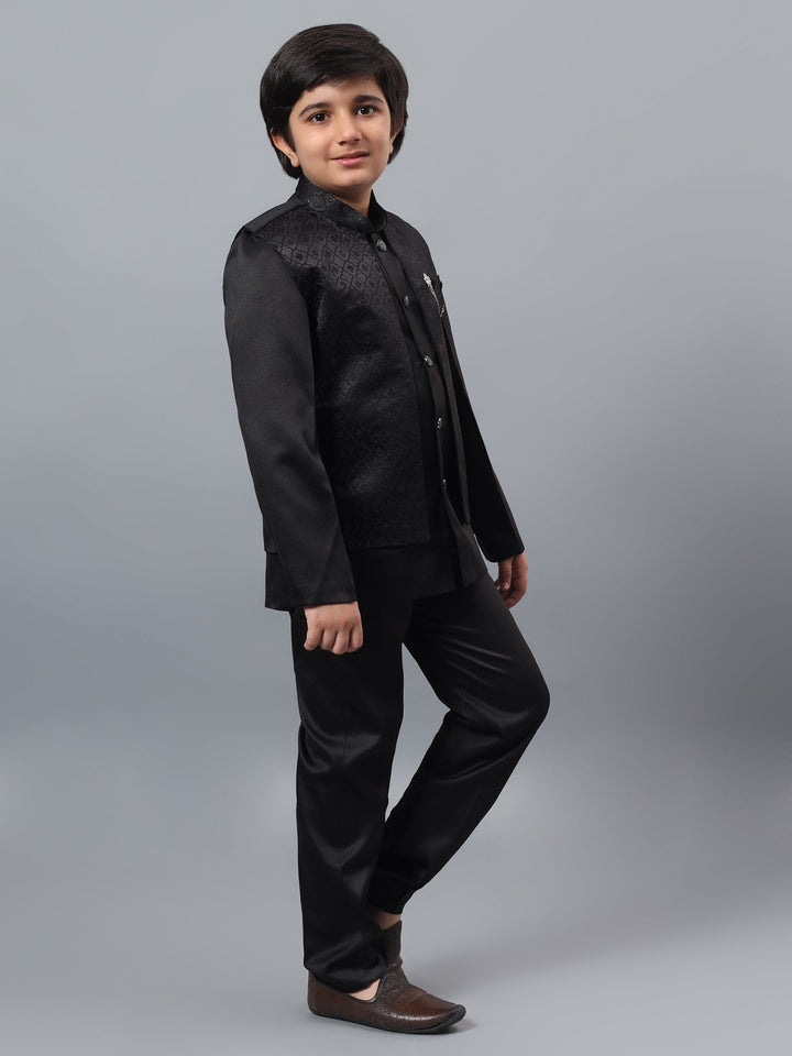 Boys Indo-Western Sherwani & Trouser Set with Sequined Waistcoat - Black | SHOBITAM