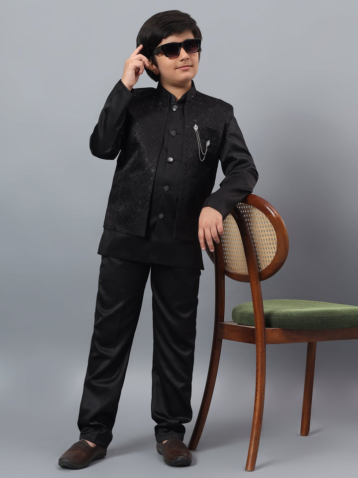 Boys Indo-Western Sherwani & Trouser Set with Sequined Waistcoat - Black | SHOBITAM