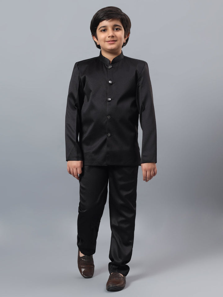 Boys Indo-Western Sherwani & Trouser Set with Sequined Waistcoat - Black | SHOBITAM