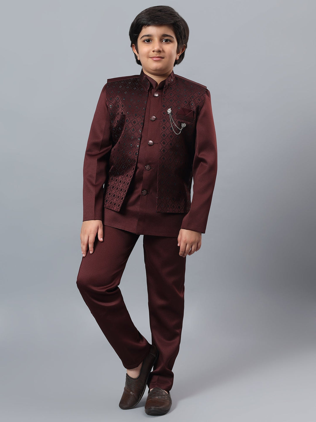 Boys Indo-Western Sherwani & Trouser Set with Sequined Waistcoat - Maroon | SHOBITAM