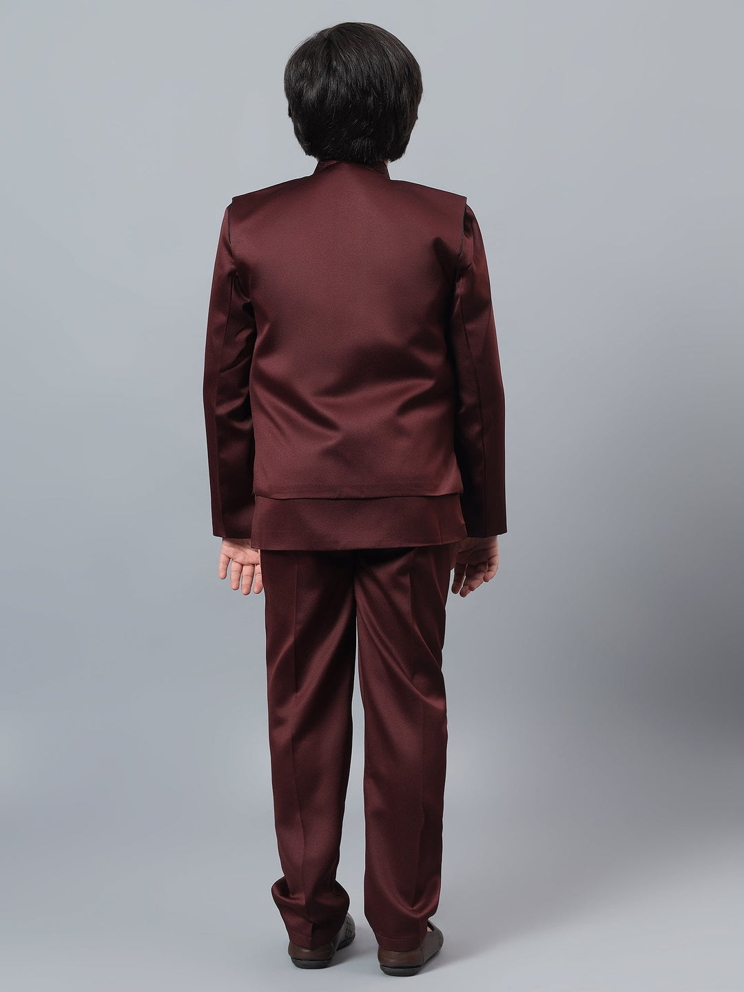 Boys Indo-Western Sherwani & Trouser Set with Sequined Waistcoat - Maroon | SHOBITAM