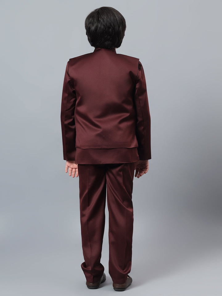 Boys Indo-Western Sherwani & Trouser Set with Sequined Waistcoat - Maroon | SHOBITAM