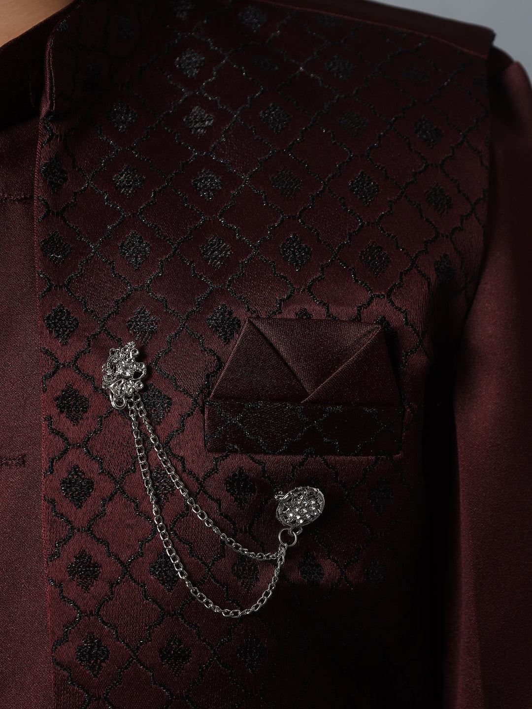 Boys Indo-Western Sherwani & Trouser Set with Sequined Waistcoat - Maroon | SHOBITAM