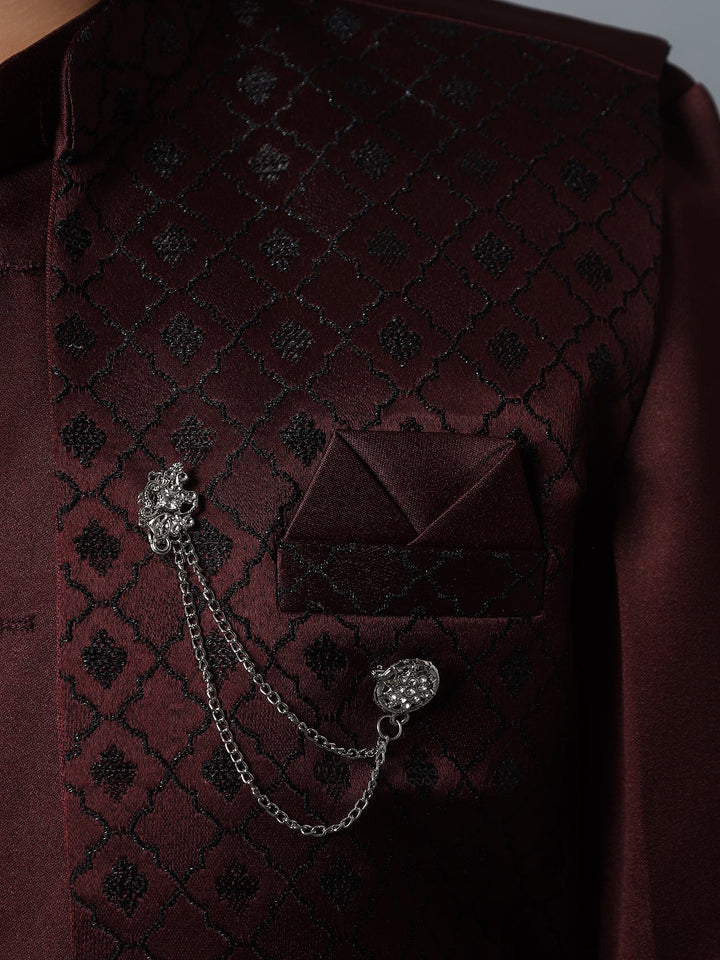 Boys Indo-Western Sherwani & Trouser Set with Sequined Waistcoat - Maroon | SHOBITAM