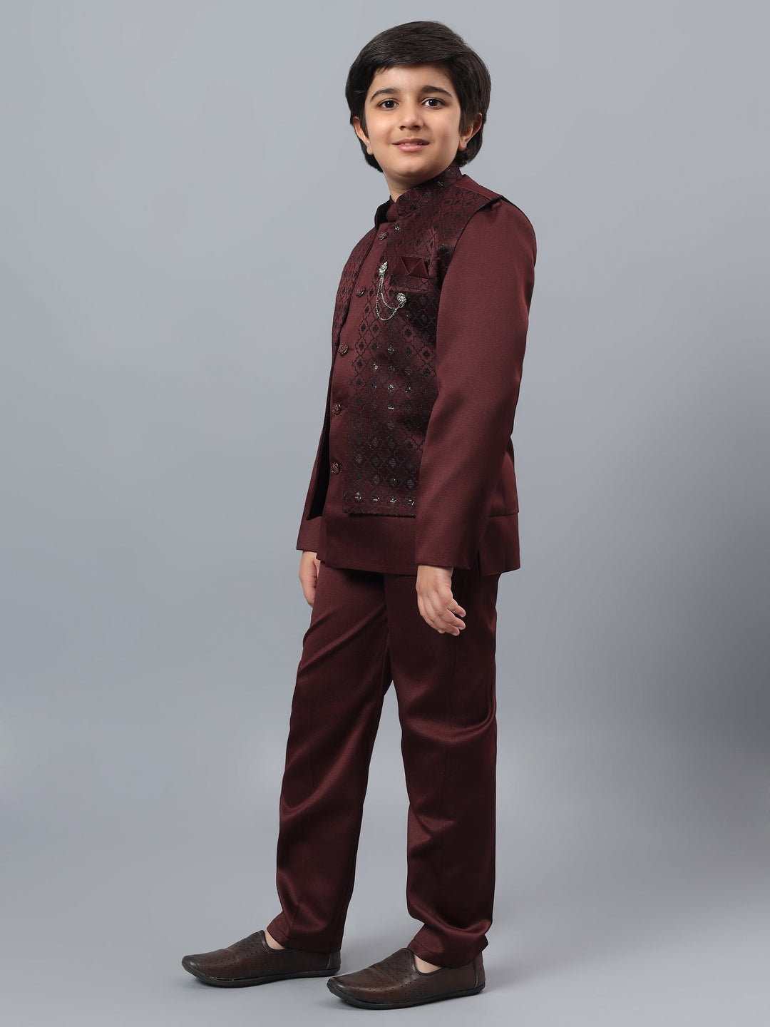 Boys Indo-Western Sherwani & Trouser Set with Sequined Waistcoat - Maroon | SHOBITAM