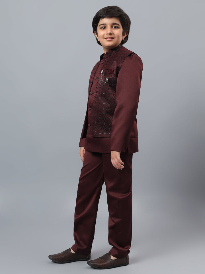 Boys Indo-Western Sherwani & Trouser Set with Sequined Waistcoat - Maroon | SHOBITAM