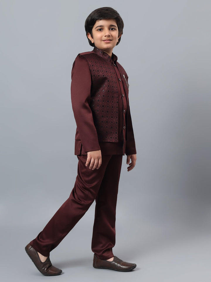 Boys Indo-Western Sherwani & Trouser Set with Sequined Waistcoat - Maroon | SHOBITAM