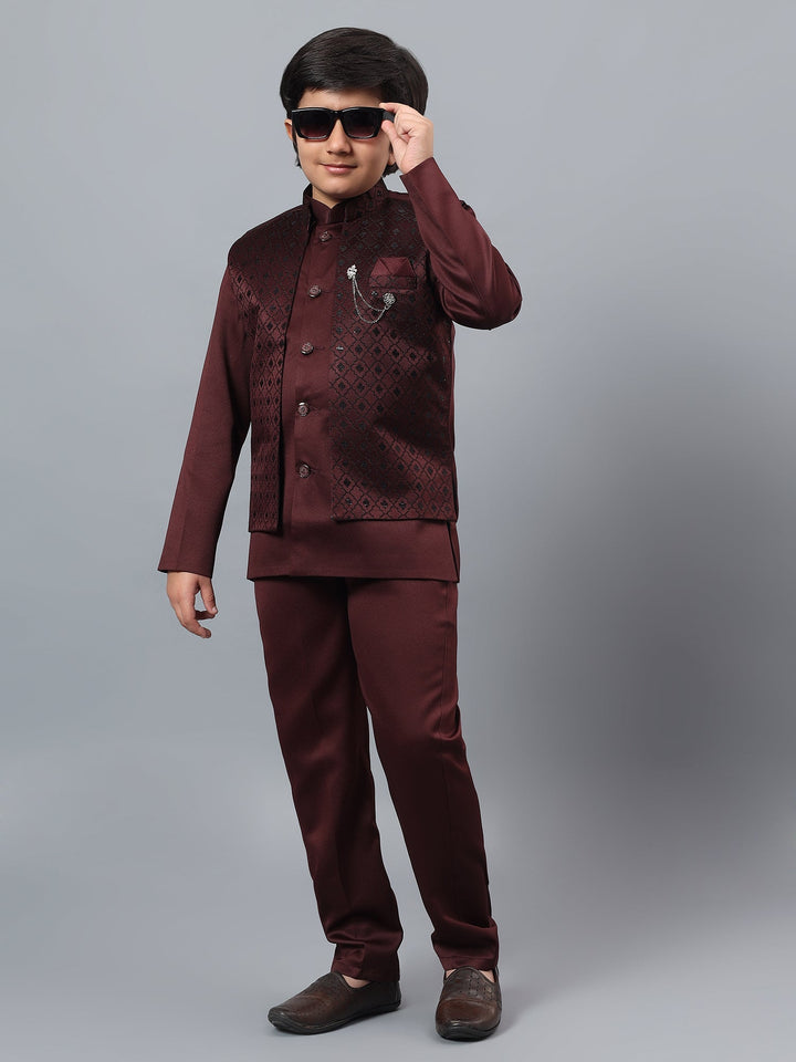 Boys Indo-Western Sherwani & Trouser Set with Sequined Waistcoat - Maroon | SHOBITAM