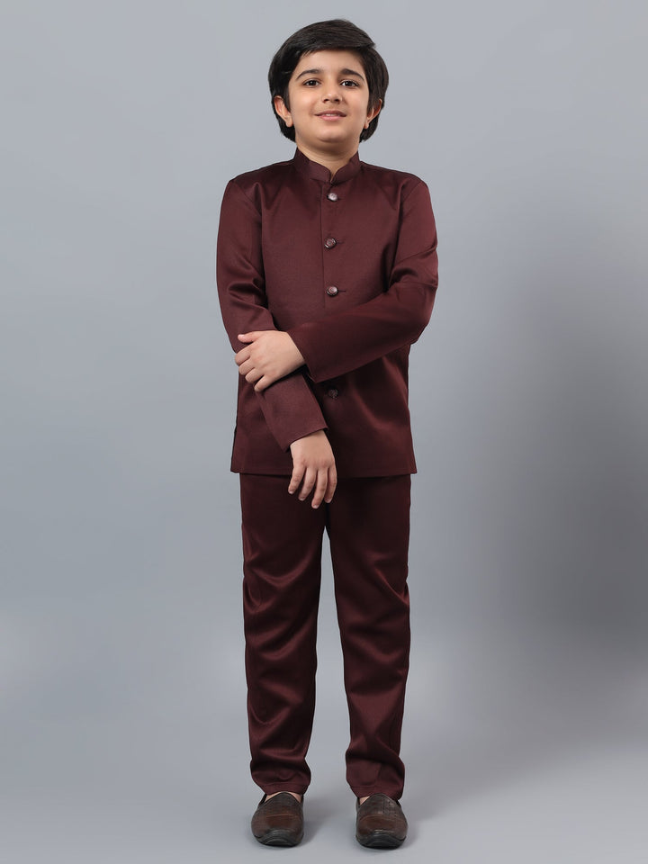 Boys Indo-Western Sherwani & Trouser Set with Sequined Waistcoat - Maroon | SHOBITAM