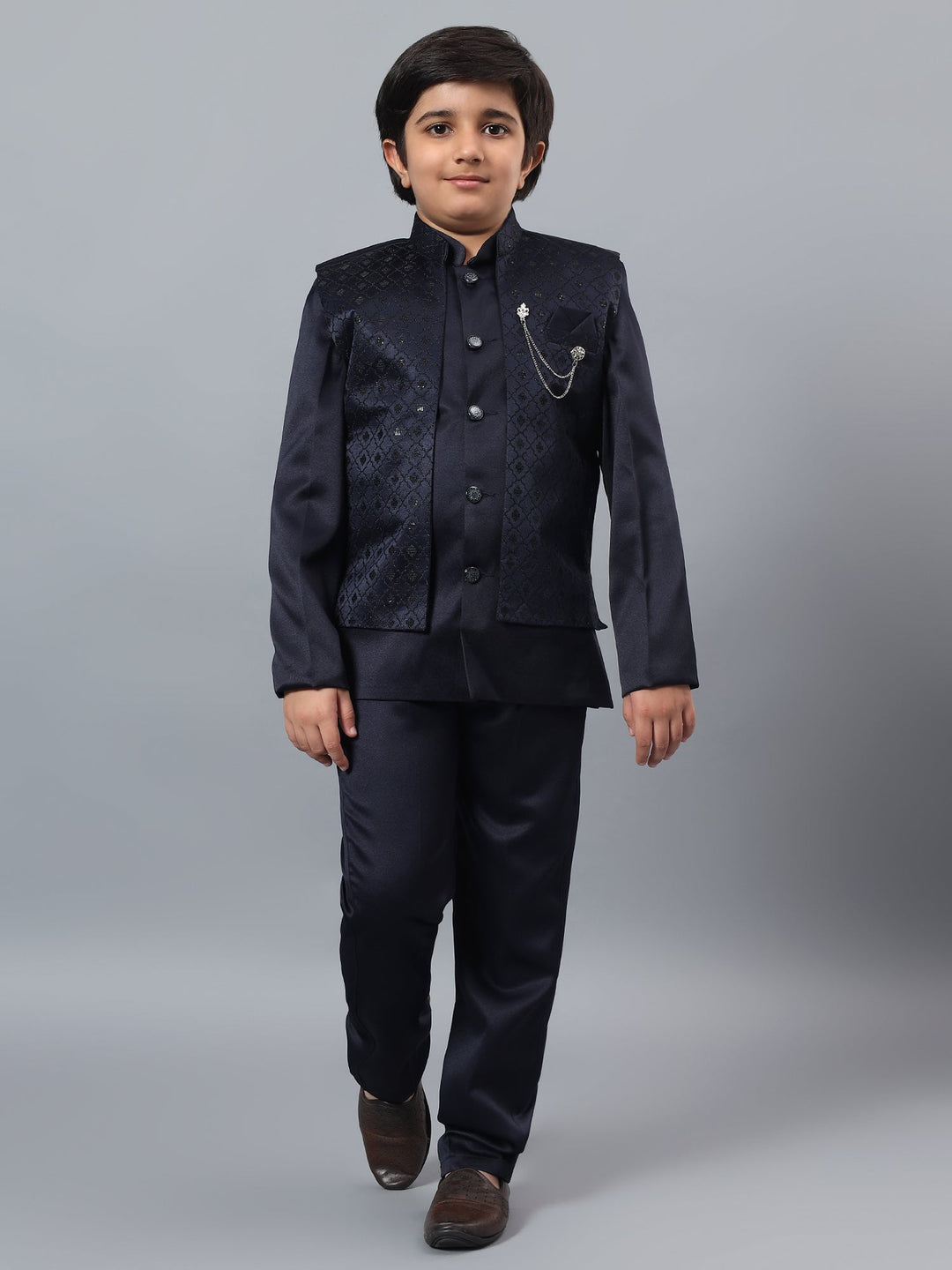 Boys Indo-Western Sherwani & Trouser Set with Sequined Waistcoat - Navy Blue | SHOBITAM