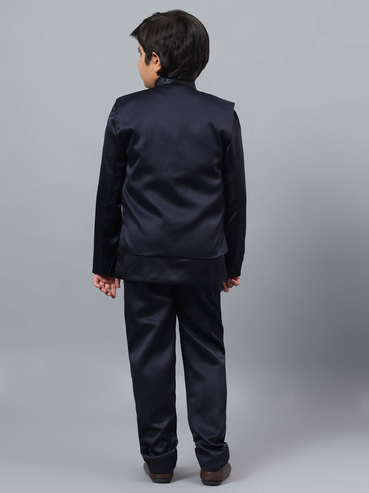 Boys Indo-Western Sherwani & Trouser Set with Sequined Waistcoat - Navy Blue | SHOBITAM