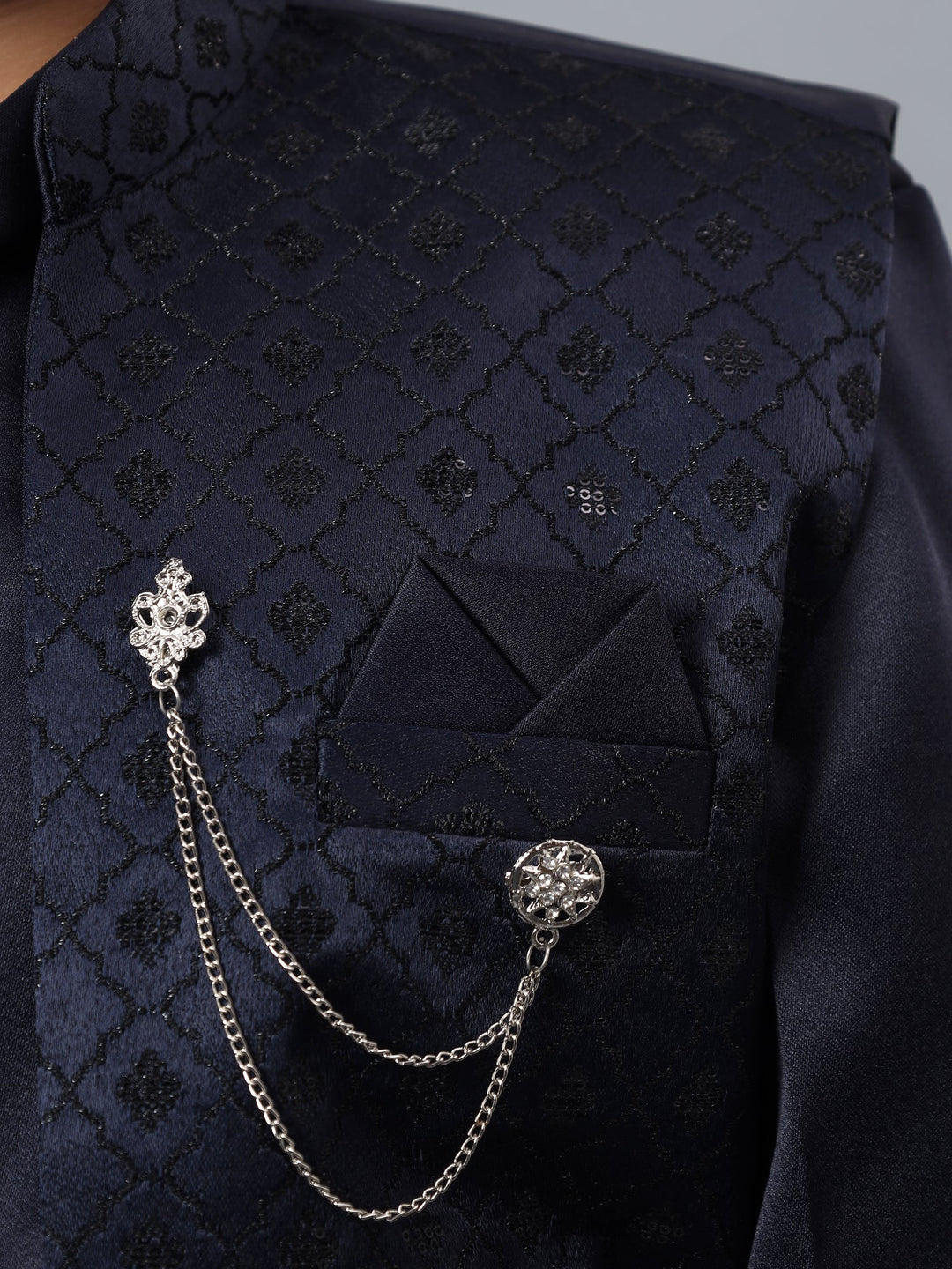 Boys Indo-Western Sherwani & Trouser Set with Sequined Waistcoat - Navy Blue | SHOBITAM