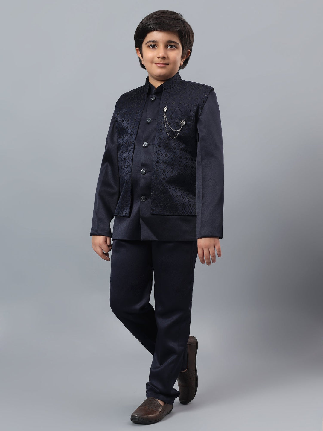 Boys Indo-Western Sherwani & Trouser Set with Sequined Waistcoat - Navy Blue | SHOBITAM