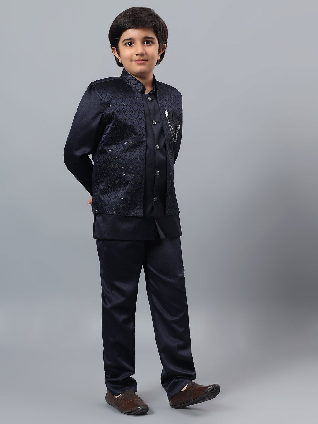 Boys Indo-Western Sherwani & Trouser Set with Sequined Waistcoat - Navy Blue | SHOBITAM